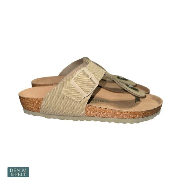 Medina Vegan Microfiber in Color Desert Dust Gray Taupe  NEW Birkenstock Medina Vegan Faded Khaki Thong Sandals Rivet Logo Cork Footbed